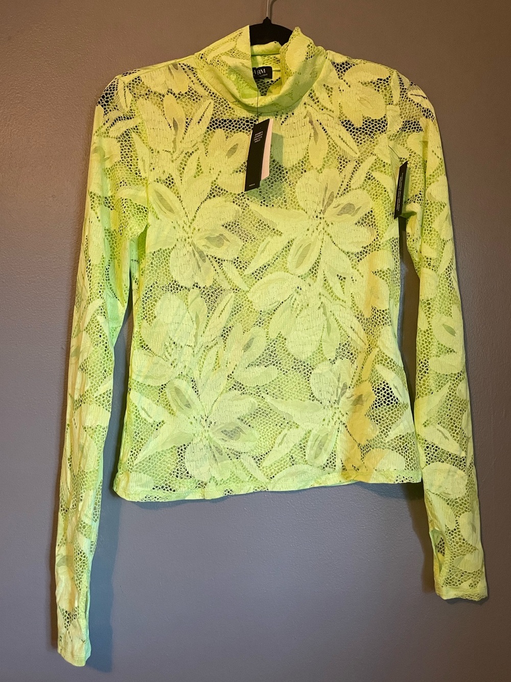 NWT AFRM Sz Med Women’s Mockneck Neon Green Lace Long Sleeve Blouse Top Shirt!
